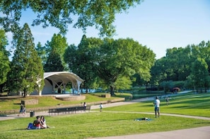 Relax in a serene park setting surrounded by lush greenery and a picturesque pavilion.