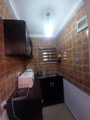 Kühlschrank, Mikrowelle, Herdplatte, Wasserkocher