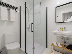 Hair dryer, towels, soap, toilet paper