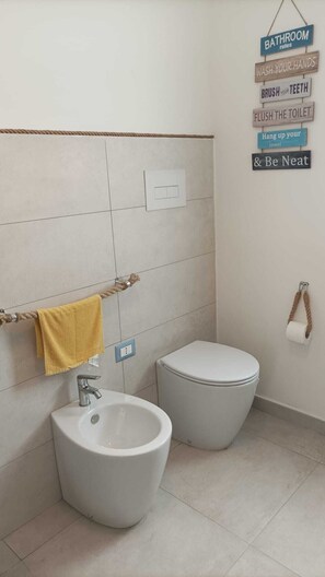 Hair dryer, towels, soap, toilet paper