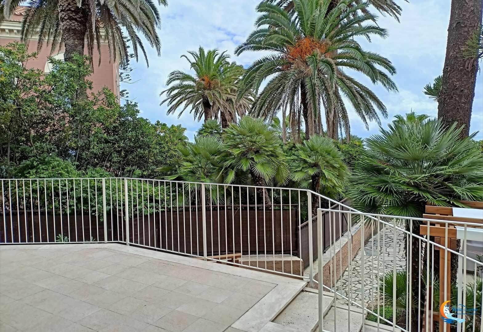 A courtyard with a white metal fence, palm trees, and a building in the background.