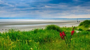 A beach with a grassy foreground and a cloudy sky. - Stylish Flat Close To Beach - Pass the Keys (Chichester)