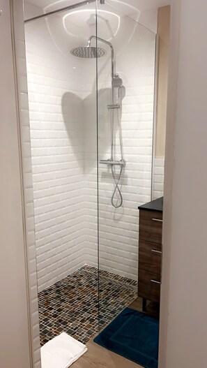 Dusche, Haartrockner, Handtücher, Seife