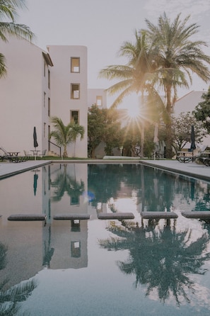 Une piscine à l’eau claire, entourée de palmiers et bordée d’un bâtiment doté de nombreuses fenêtres.
