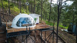 A geodesic dome structure with a wooden deck and a small garden area.