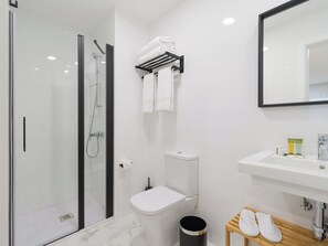 Hair dryer, towels, soap, toilet paper