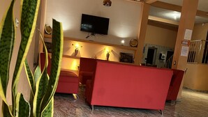 A lobby with a reception desk, a flat-screen TV, and a potted plant. - Hotel y Restaurante La Perla (Cacaopera)
