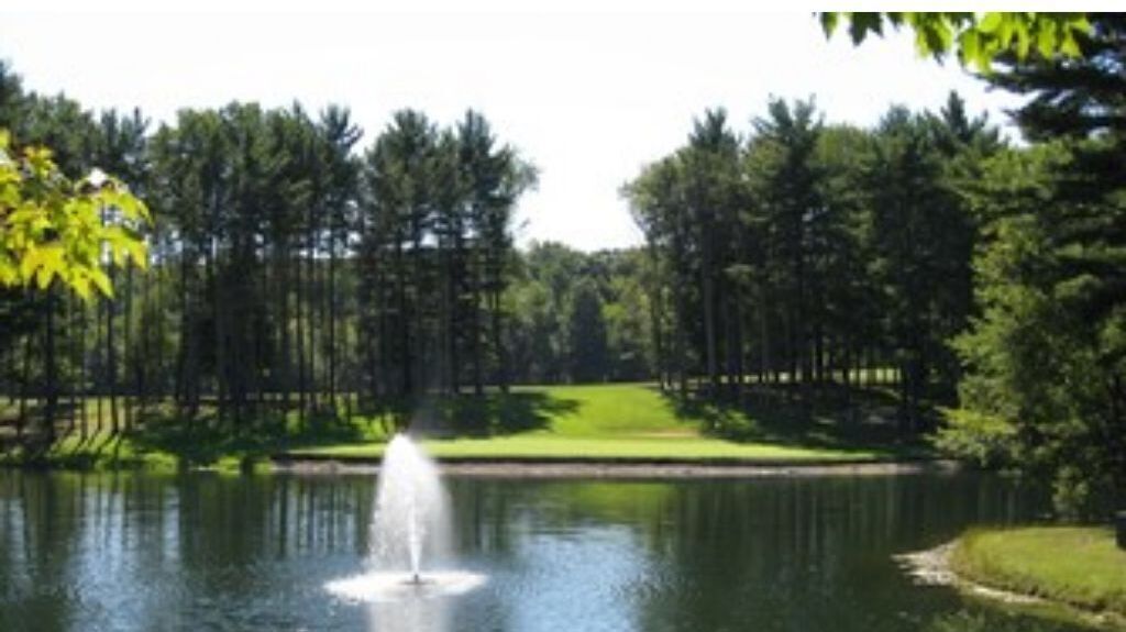 A serene pond with a fountain, surrounded by a forested area and a well-maintained lawn.
