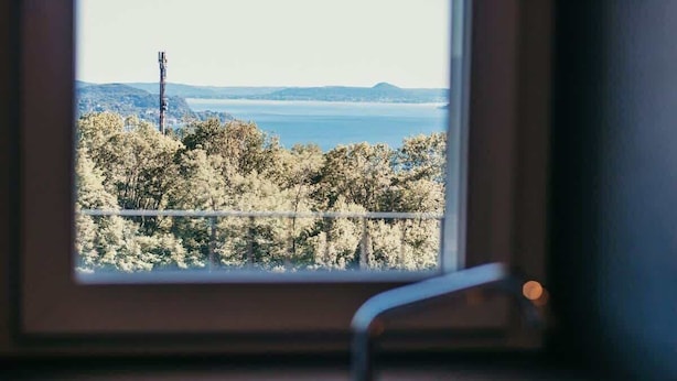 Une fenêtre donnant sur un paysage côtier, avec des arbres et une étendue d’eau visible au loin.