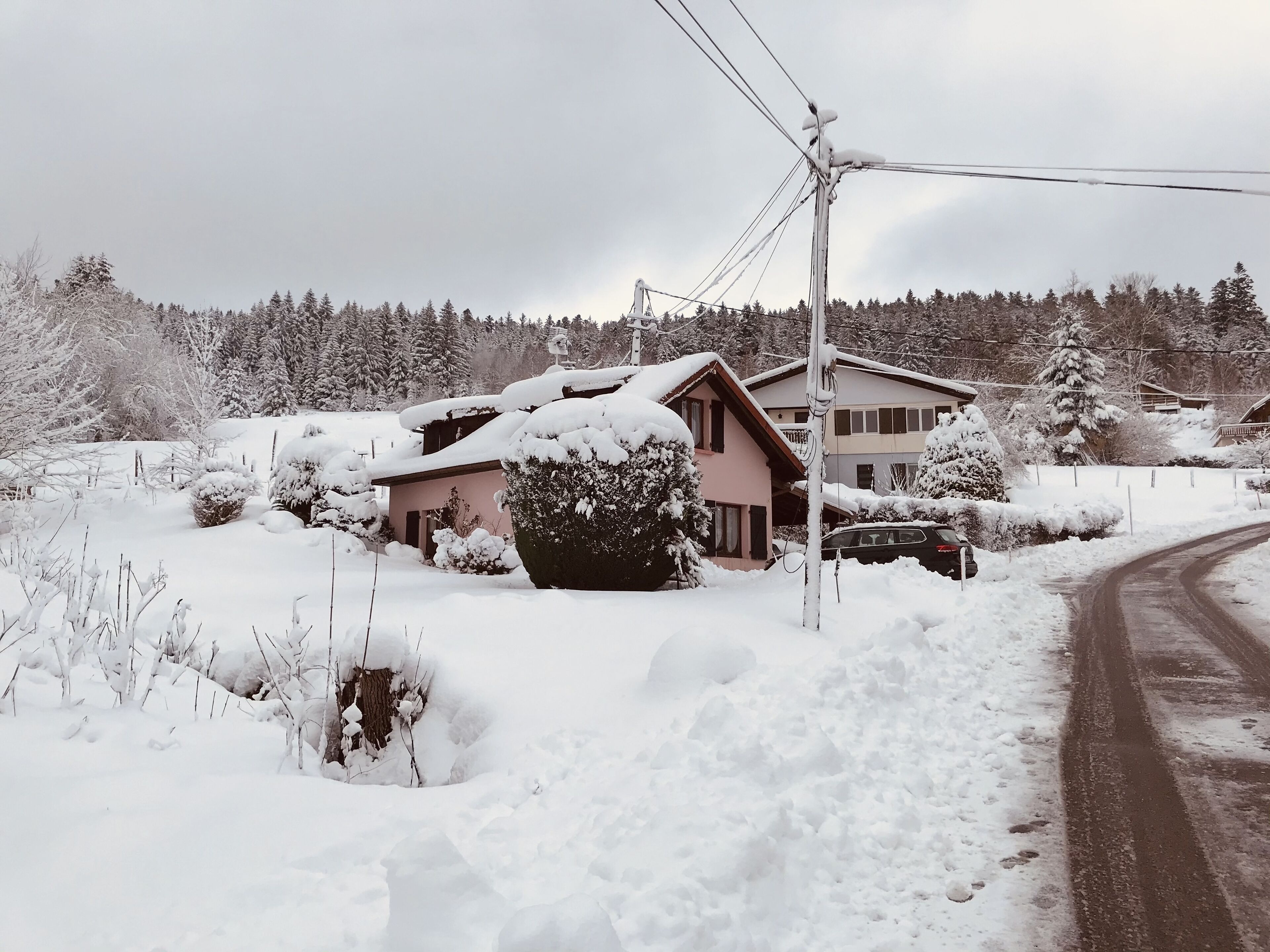 Ein verschneiter Wohnbereich mit Häusern, einer Straße und einem Strommast.
