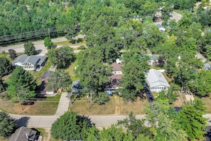 Vista aérea de una zona residencial con casas rodeadas de árboles, una calle y líneas de servicios públicos.