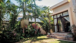 Ein gepflegter Garten mit Palmen und verschiedenen Pflanzen, ein Kiesweg, der zu einem Gebäude mit großen Fenstern und einer Tür führt.