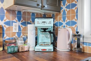 Microwave, stovetop, coffee/tea maker, toaster