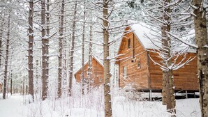 A wooden cabin surrounded by tall, snow-covered trees. - Chalets Huttopia White Mountains (Conway)
