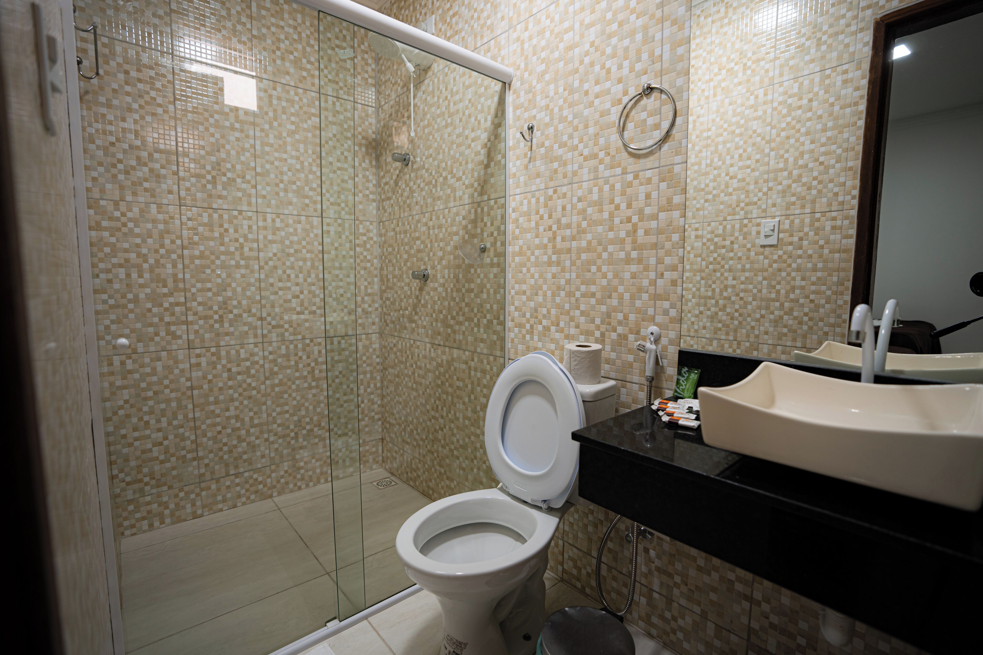 A bathroom with a glass-enclosed shower, a toilet, and a sink with a mirror above it.