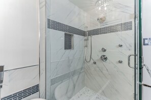 Hair dryer, towels, soap, shampoo
