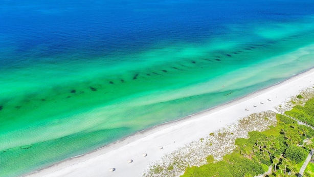 Oversigtsbillede af en strand med klart turkis vand, hvidt sand og frodig vegetation.
