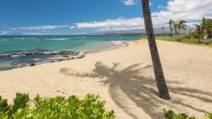 A beach with clear turquoise water, a sandy shore, and a palm tree. - Hilton Pool Pass Kolea - Luxe Penthouse (Waikoloa)
