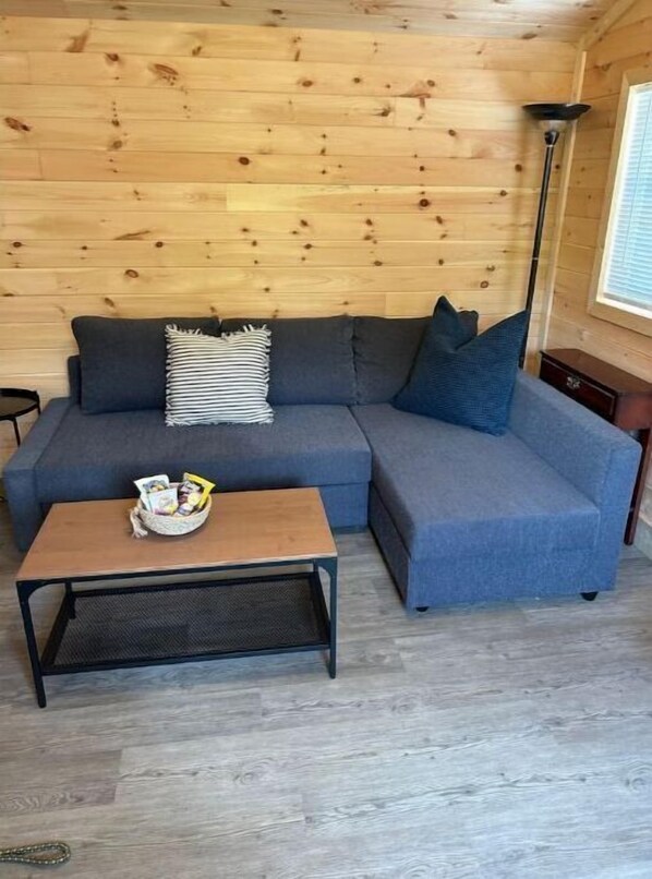A cozy room with a wooden ceiling, a grey sofa with cushions, a small wooden table with a bowl of snacks, and a floor lamp. - Between the Waters Rustic Retreat (Hilham)