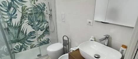 Hair dryer, bidet, towels, soap