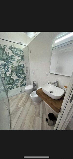Hair dryer, bidet, towels, soap