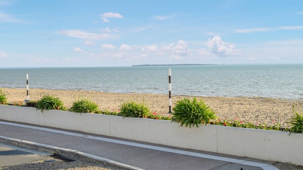 Une plage avec un mur blanc et des plantes au premier plan, une route au milieu et la mer en arrière-plan.