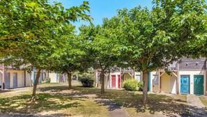 Une rangée de bâtiments aux couleurs vives, avec un chemin central bordé d’arbres.