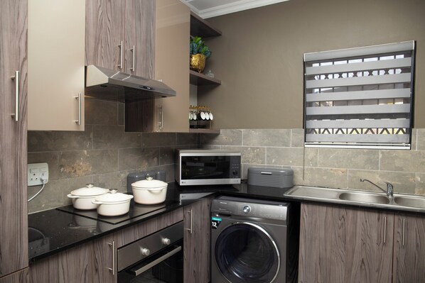 Fridge, microwave, oven, electric kettle