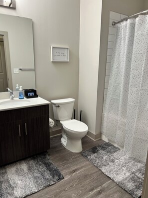 Hair dryer, towels, soap, toilet paper