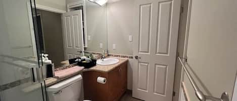 Shower, hair dryer, towels, soap