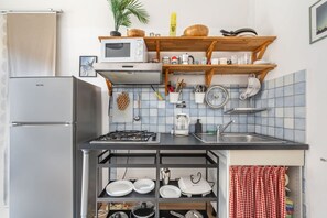 Frigorífico, microondas y placa de cocina