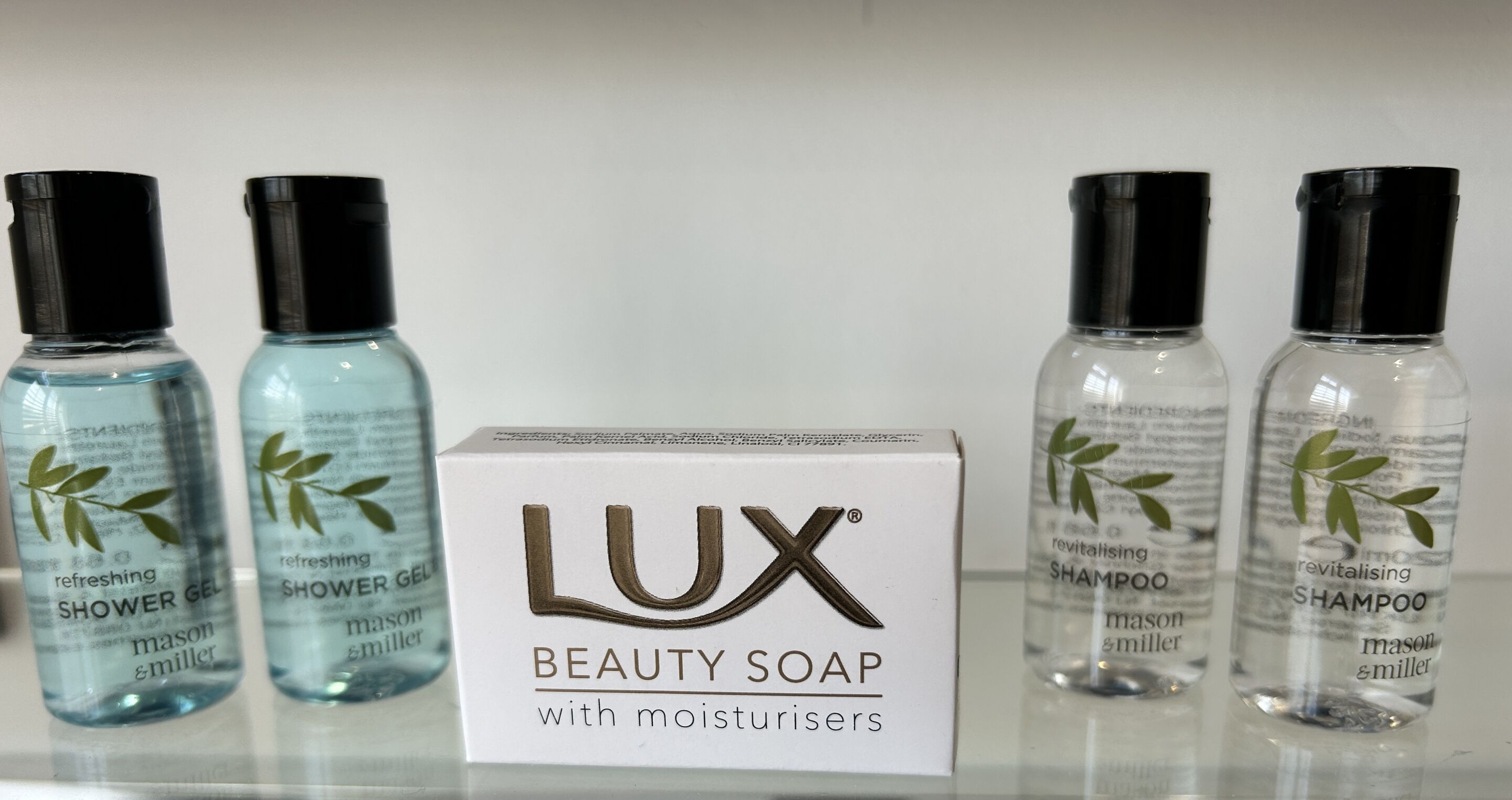 A Lux Beauty Soap box with moisturizing shampoo bottles.