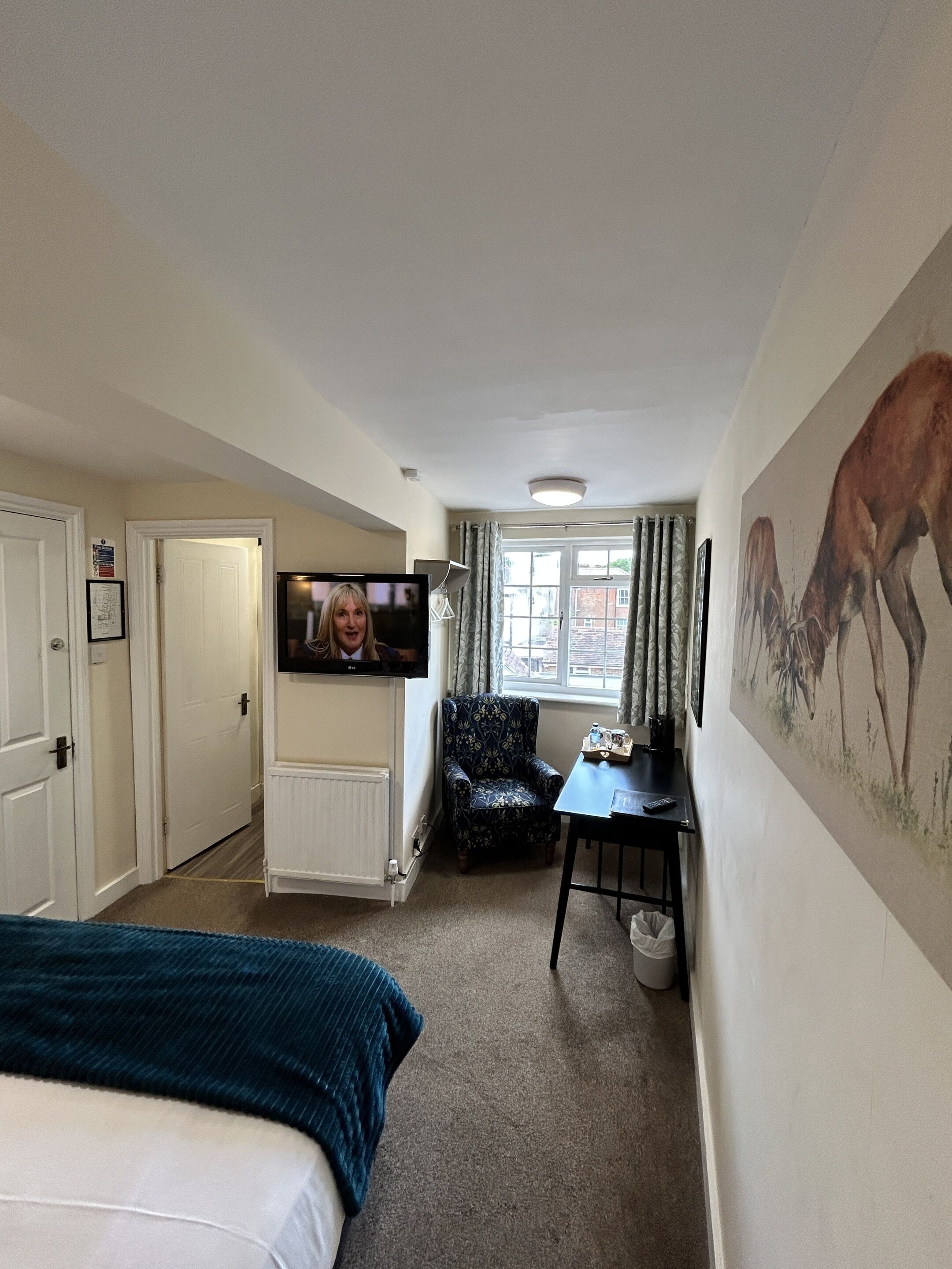 A hotel room with a bed, a desk, a chair, a television, and a painting on the wall.