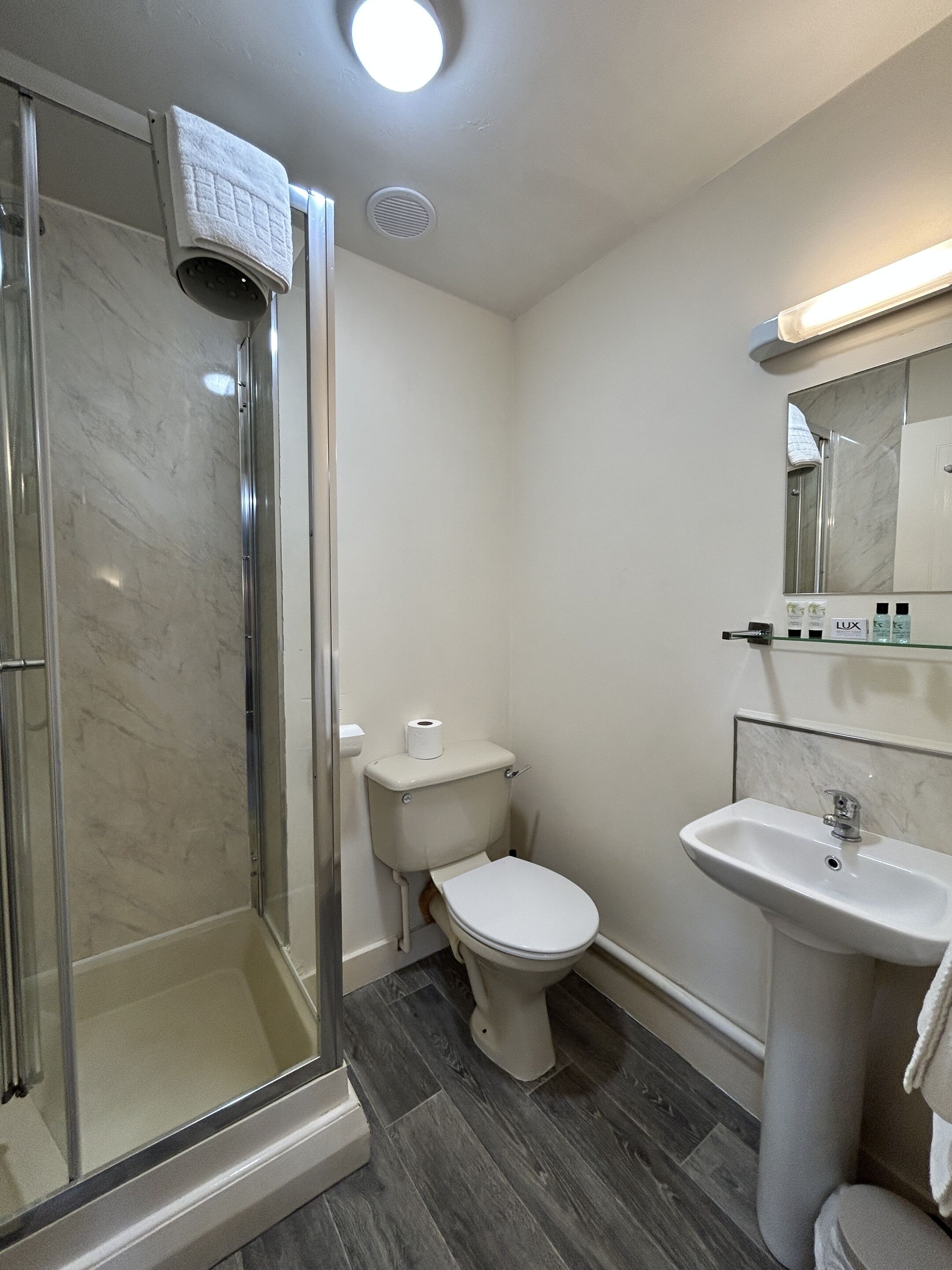 Un baño con ducha de vidrio, inodoro y lavamanos.