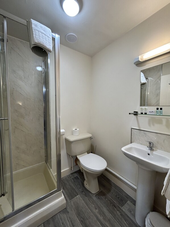 A bathroom with a glass-enclosed shower, a toilet, and a sink.
