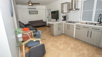 Fridge, microwave, coffee/tea maker, toaster