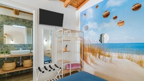 A room with a beach-themed mural, a white sink, and a wooden ceiling. - Syracuse sea (Arenella)