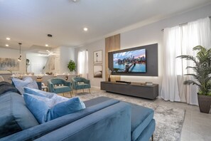 Smart TV, fireplace, video games, DVD player