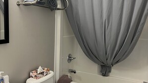 Suíte família | Banheiro | Chuveiro, toalhas de banho, sabonete, shampoo