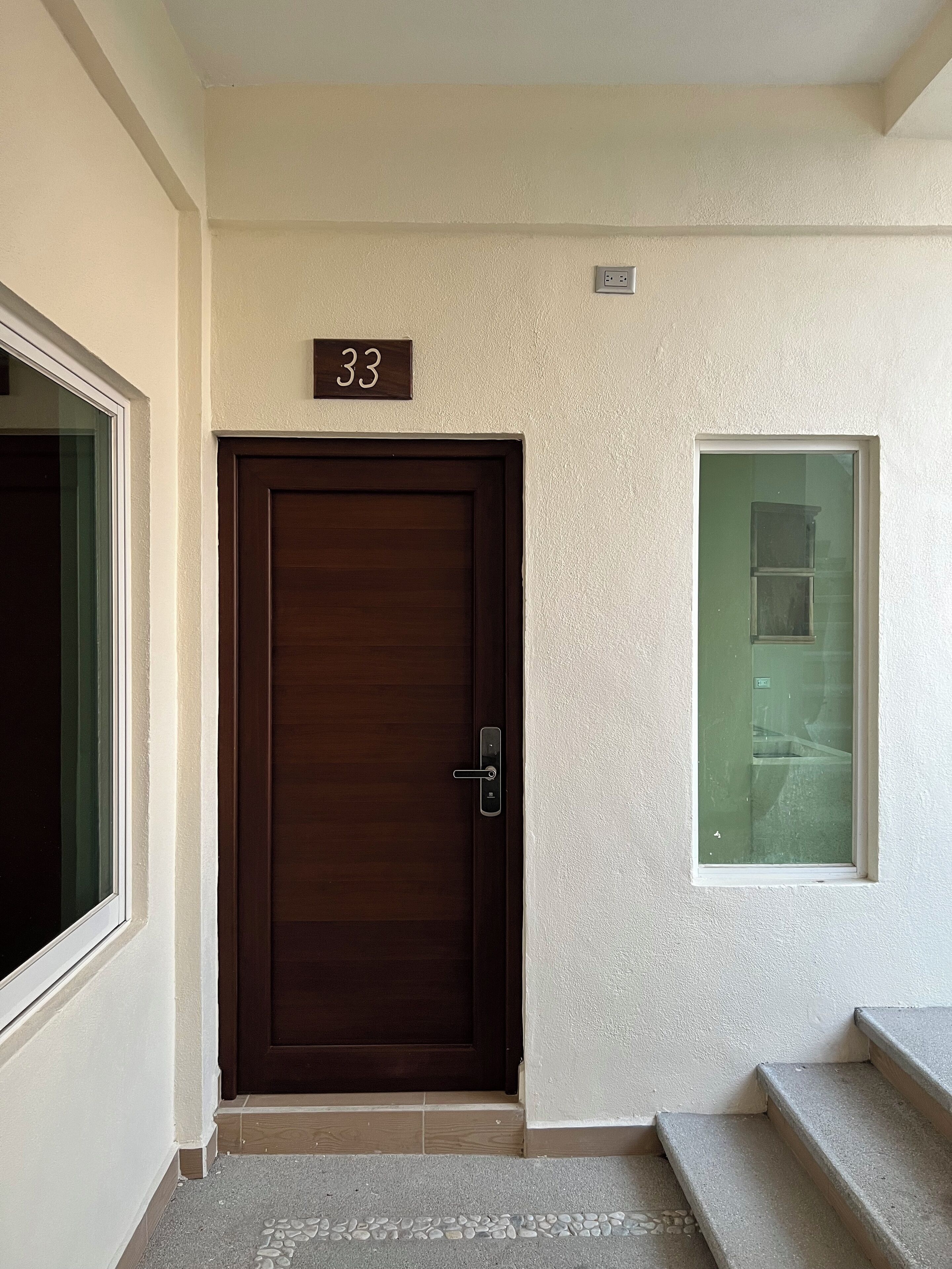 A dark wooden door with a number '33' above it, a window with a view of a building, and a set of concrete steps leading up to the door.
