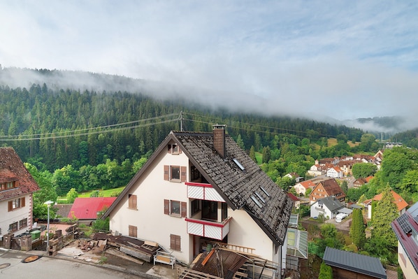 A residential area with houses, a red-roofed building, and a forested mountain in the background.
