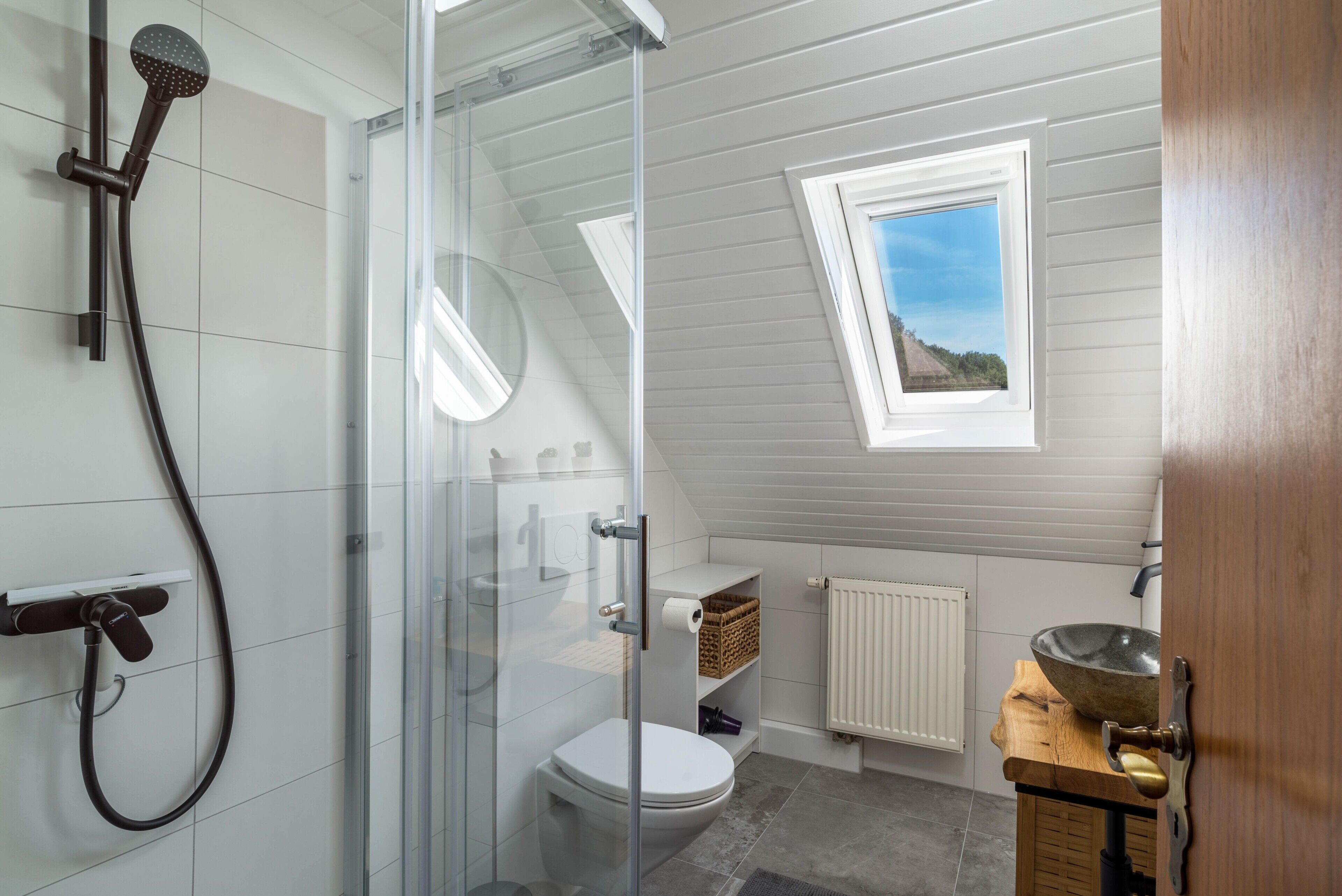 Shower, hair dryer, towels