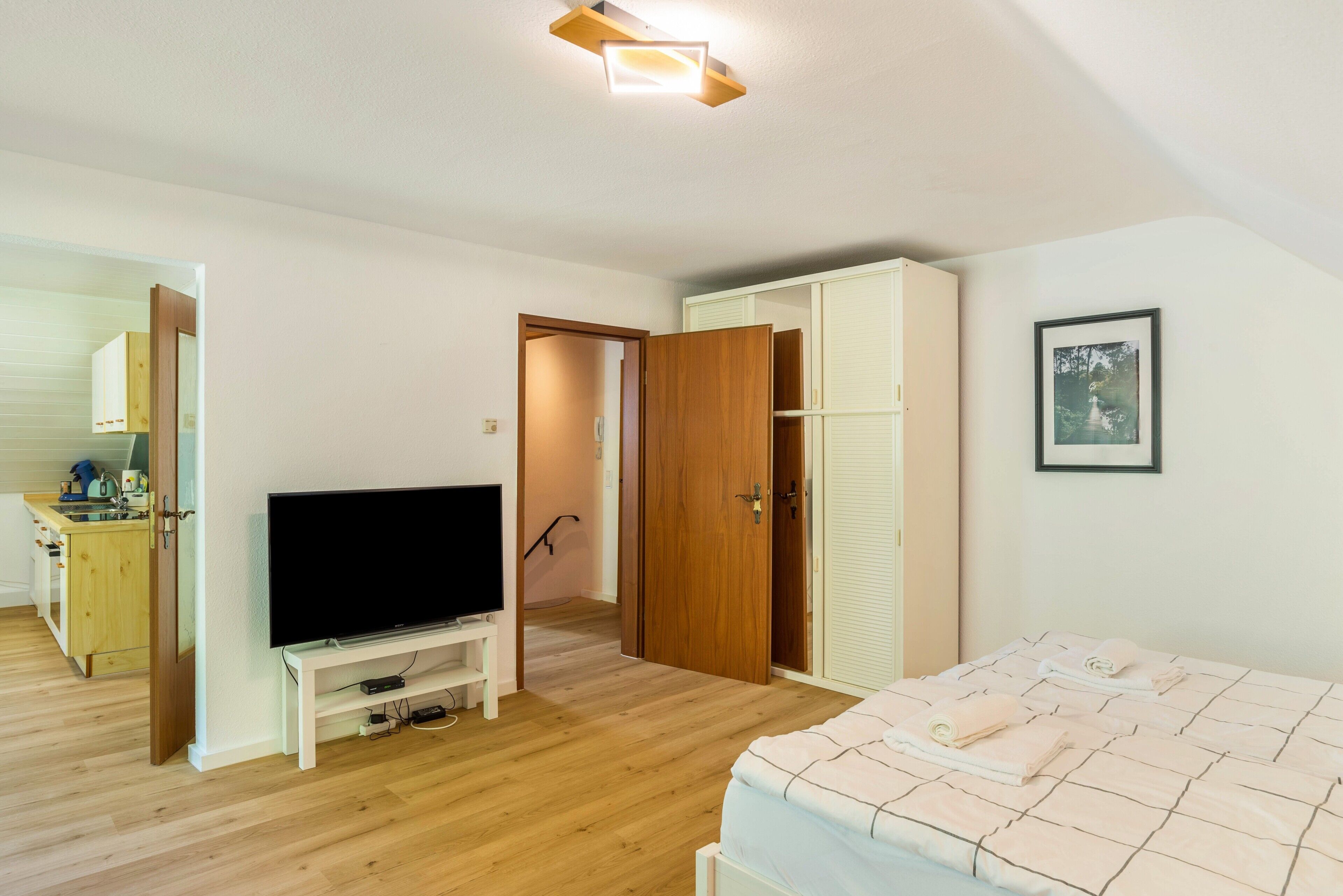 Una camera da letto con un letto, una TV su un mobile, un armadio e una porta che conduce al bagno.