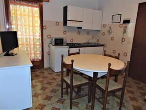 Fridge, microwave, coffee/tea maker, cookware/dishes/utensils