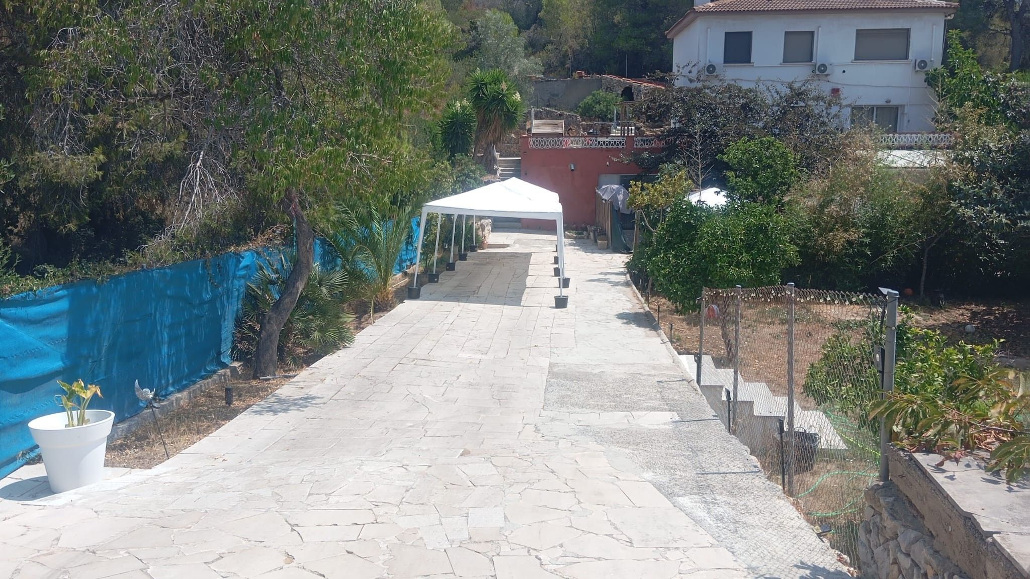 Un sendero pavimentado conduce a una estructura tipo carpa blanca, rodeada de follaje y un edificio con fachada roja.
