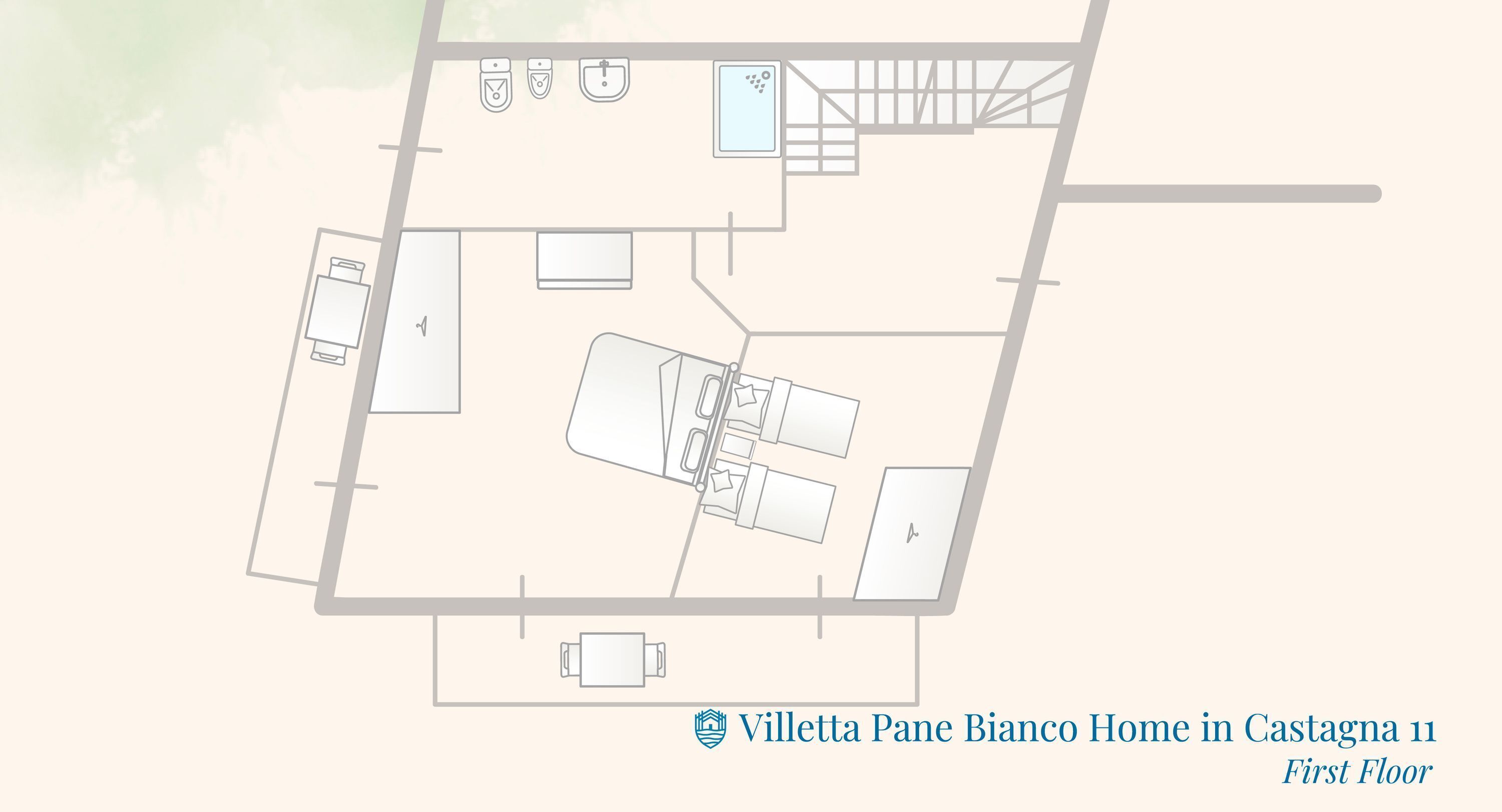 Grundriss des Villetta Pane Bianco Hauses in Castagna 11 im ersten Stock, mit Küche, Essbereich und großem Wohnraum.