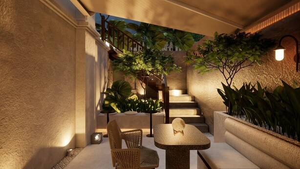 A well-lit outdoor area with a staircase, seating, and potted plants.
