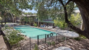 A rectangular pool with lounge chairs and umbrellas, surrounded by trees and a fence. - Crockett #100 xxxxxx (Austin)