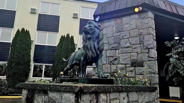 A stone lion statue in front of a building with a modern design. - Ocean  marina  hotel port alberni (Port Alberni)