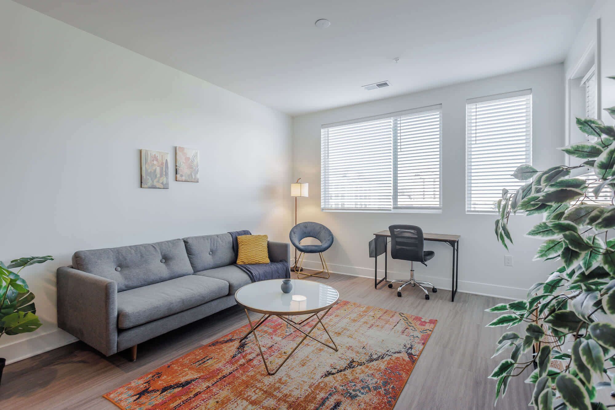 A modern living room with a grey sofa, a round coffee table, and a vibrant rug.